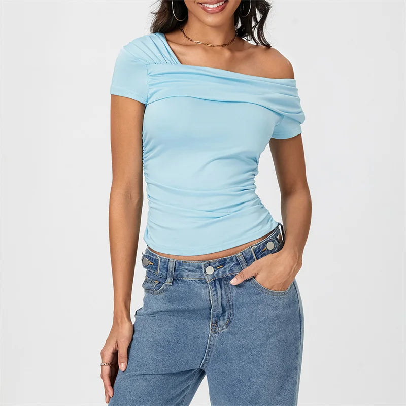 Oblique Shoulder Solid Color Sleeveless Cropped Aesthetic Streetwear Crop Top