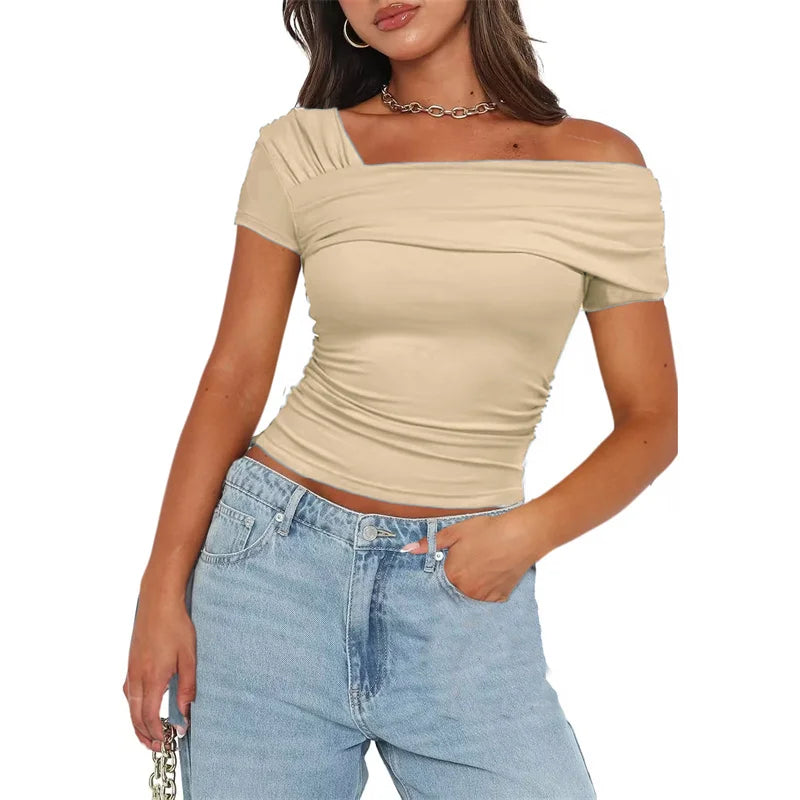 Oblique Shoulder Solid Color Sleeveless Cropped Aesthetic Streetwear Crop Top