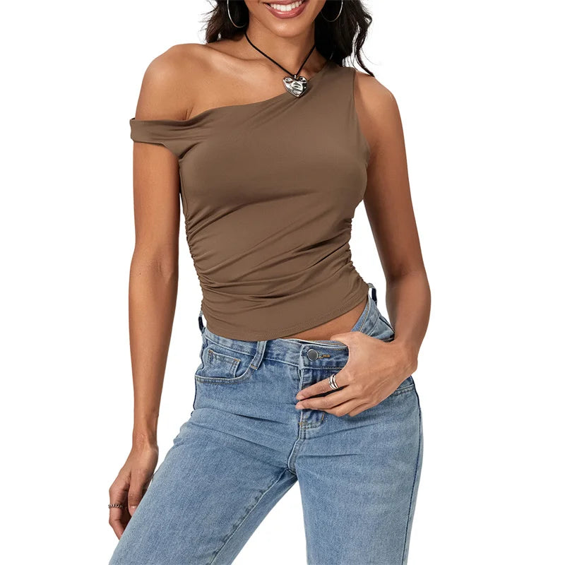 Y2k Solid Color Oblique Shoulder Sleeveless Aesthetic Summer Streetwear Crop Top