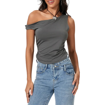 Y2k Solid Color Oblique Shoulder Sleeveless Aesthetic Summer Streetwear Crop Top