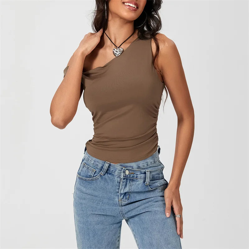 Y2k Solid Color Oblique Shoulder Sleeveless Aesthetic Summer Streetwear Crop Top