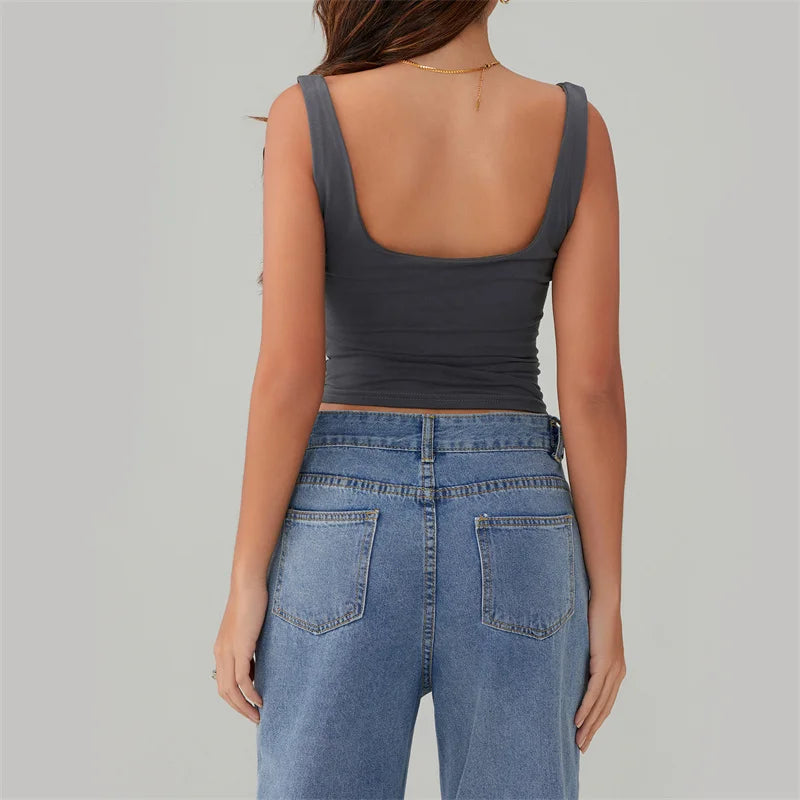 Y2k Casual Solid Color Square Collar Sleeveless Basic Streetwear Crop Top