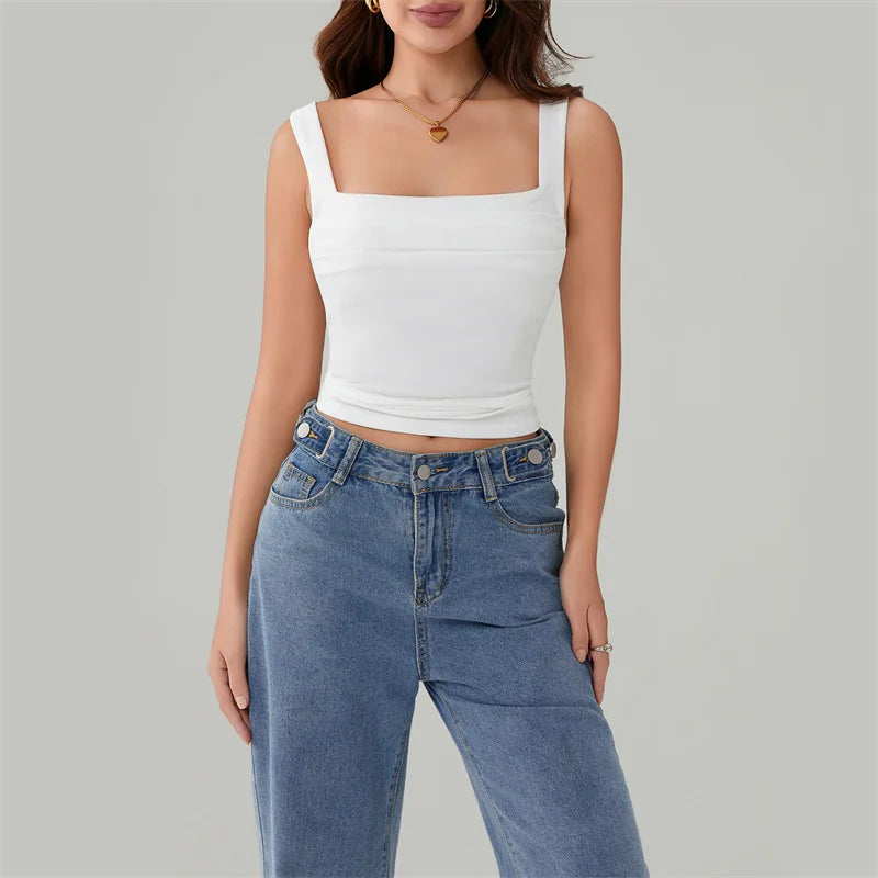 Y2k Casual Solid Color Square Collar Sleeveless Basic Streetwear Crop Top