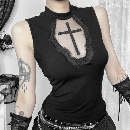 Y2K Goth Black Sexy Lace 90s Vintage Red Cross Corset Sleeveless Streetwear Crop Top