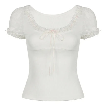 Y2K Lace Trim Cute Bow White Lolita Summer Slim-Fit Short Sleeve Crop Top