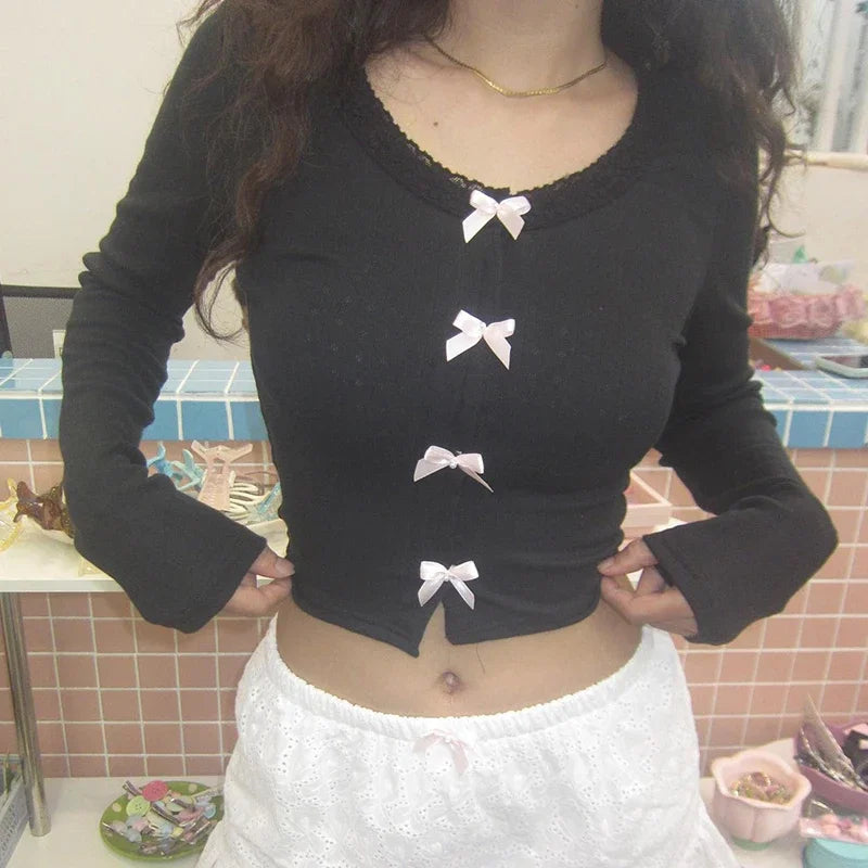 Y2K Lace Trim Kawaii Multi Cute Bow Single-breasted Solid Lolita Crop Top