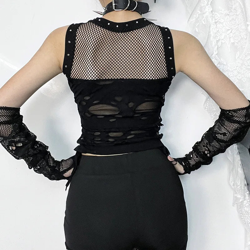 Trendy Rave Gothic Party Steampunk Fishnet Backless Sexy Crop Top