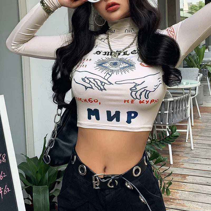 AMY FASHION - High Street Casual Funny Print Stretch Slim Autumn Crop Top