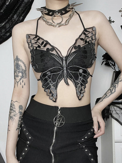 Streetwear Butterfly Top Hollow Out Gothic Backless Crop Lace Summer