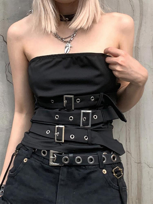 Punk Crop Top Gothic Black Design Bandage Eyelet Sleeveless