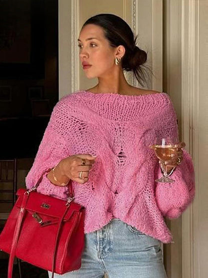 Loose Knitted Purple Women Loose O Neck Long Sleeve Pockets Sweater