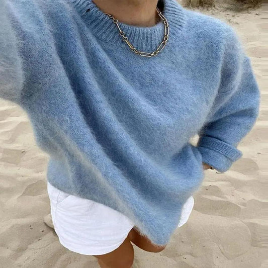 O-neck Rib Knitted Mohair Long Sleeve Women Autumn Winter Loose Cropped Jumper Casual Fashion Sweater