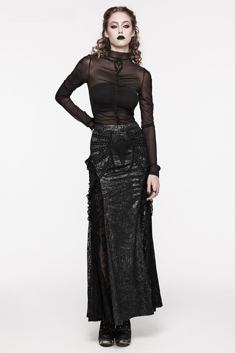 Sexy Long Lace Splicing Midi Gorgeous Club Skirt Party Decoration Women's Gothic Textured