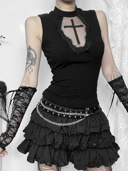 Grunge Crop See Alternative Dark Patchwork Gothic Top Through Mesh Cross