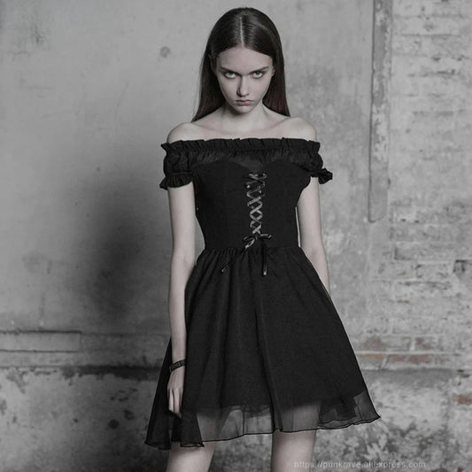 Black Off Shoulder Lolita Bandage Chiffon Ruffles Party Elegant A-Line Short Gothic Dress