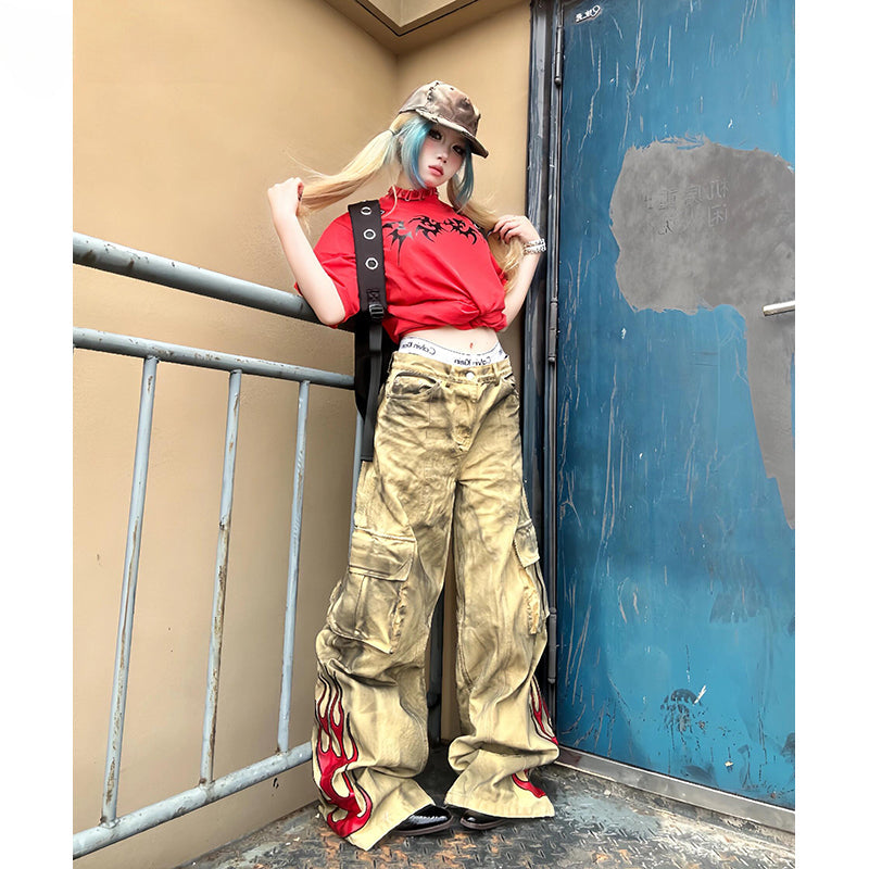 Pants High Halloween Waist Flame Y2K