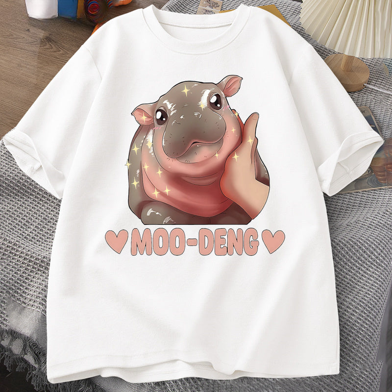 Streetwear Cotton Printed Cute Baby Hippo O Neck Men Short Sleeve Designer T-Shirt Moo Deng