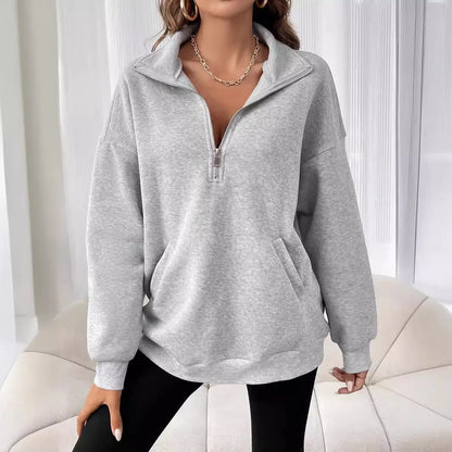 Grey Autumn Winter Solid Color Loose Short Half Zip Pockets Thumb Hole Long Sleeve Pullover Hoodies