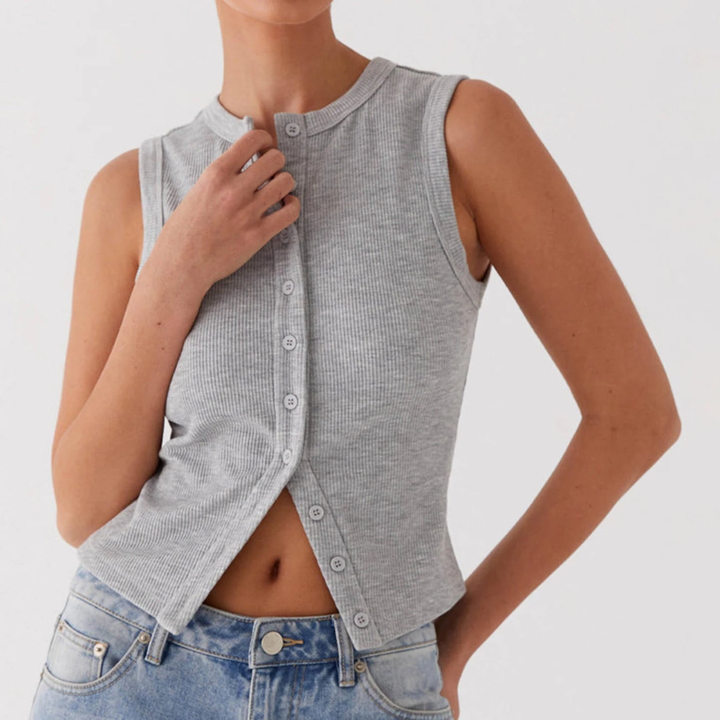 Button Down Casual Slim Fit Sleeveless Ribbed Knit Crop Top