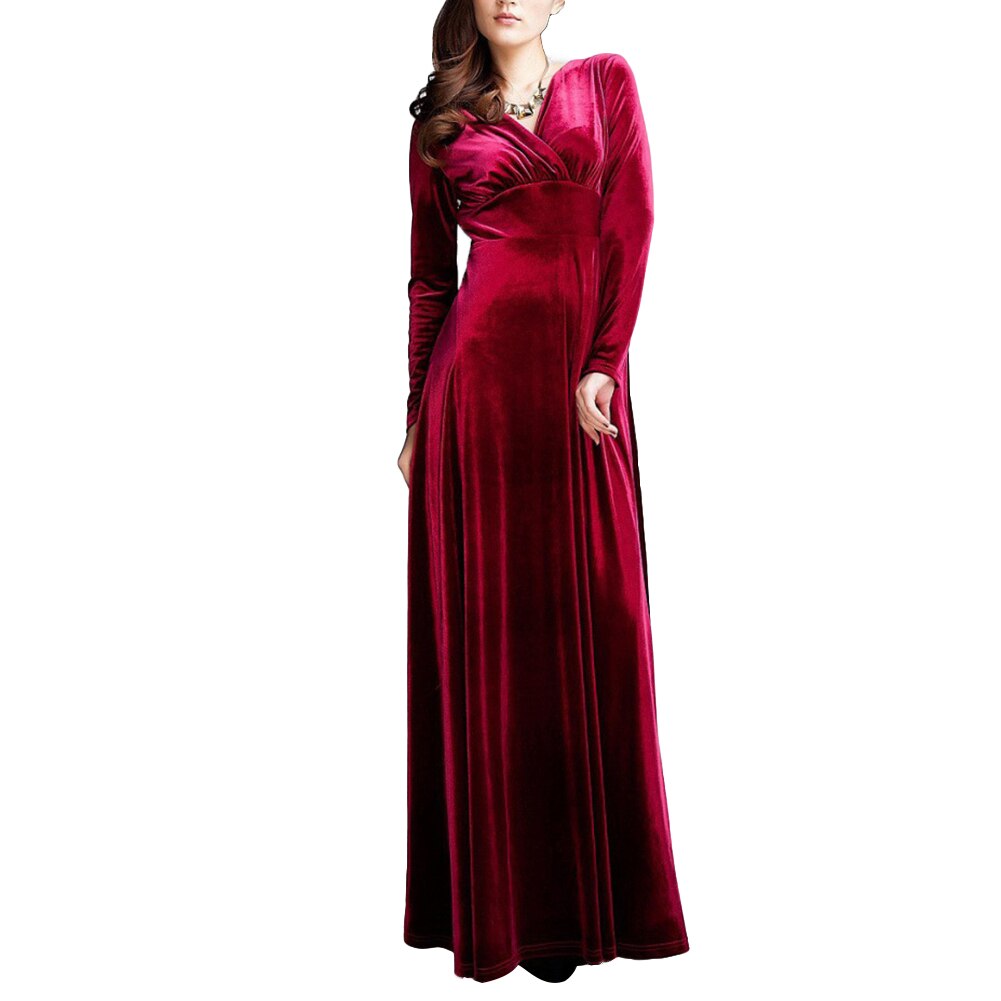 Amy Fashion - V Neck Pleated Velvet Banquet Maxi Dress