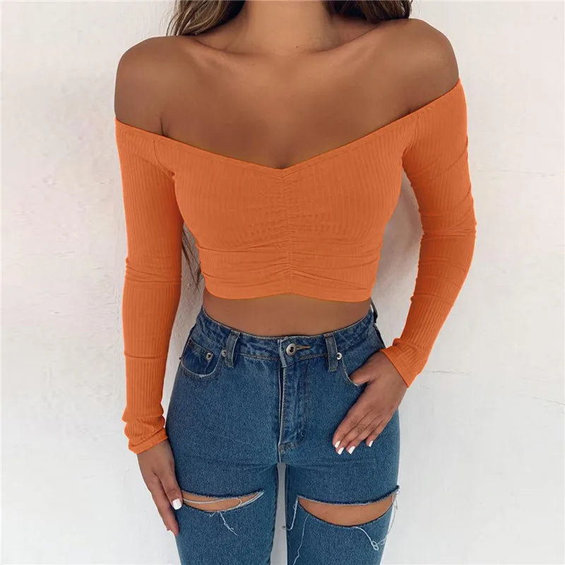 AMY FASHION - Sexy Club Fashion Off Shoulder Solid Color Autumn Crop Top