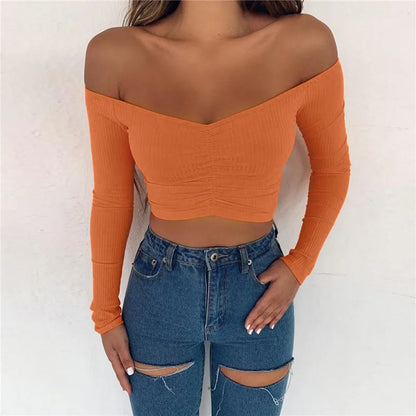 AMY - Sexy Club Fashion Off Shoulder Solid Color Autumn Crop Top