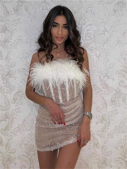 Amy Fashion - Fur Trim Tube Sequins Off-Shoulder Strapless Corset Dress