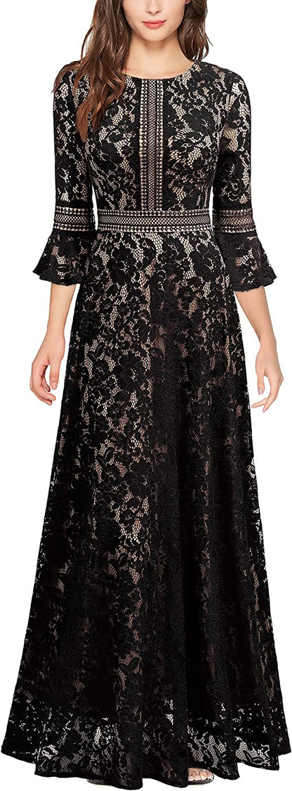 Christmas Vintage Full Lace Contrast Bell Sleeve Formal Long Dress