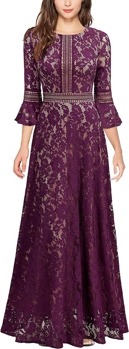 Christmas Vintage Full Lace Contrast Bell Sleeve Formal Long Dress