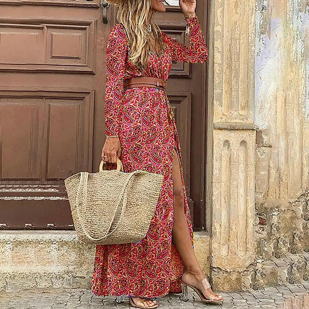 Amy Fashion - Autumn Female Short Sleeve Sexy High Split Maxi Boho Dress