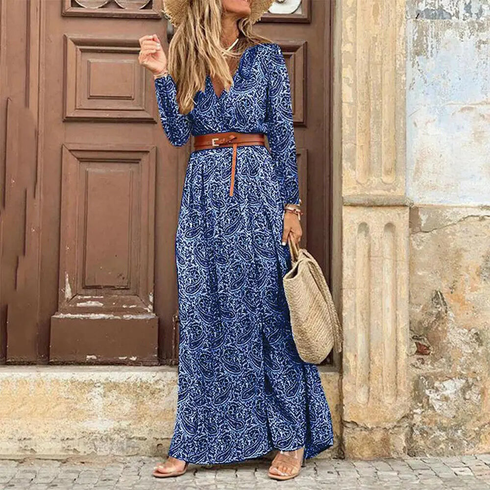 Amy Fashion - Autumn Female Short Sleeve Sexy High Split Maxi Boho Dress