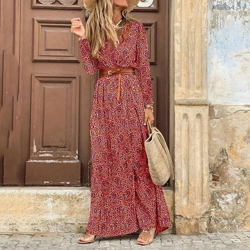 Amy Fashion - Autumn Female Short Sleeve Sexy High Split Maxi Boho Dress