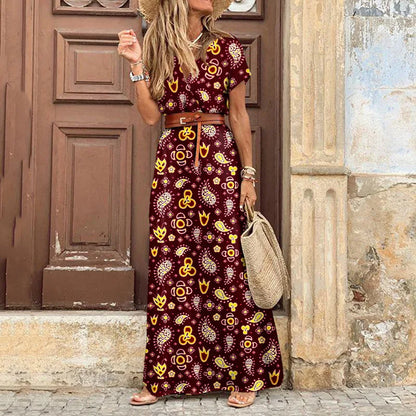 Amy Fashion - Autumn Female Short Sleeve Sexy High Split Maxi Boho Dress