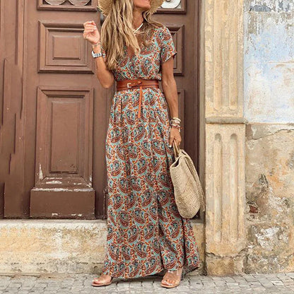 Amy Fashion - Autumn Female Short Sleeve Sexy High Split Maxi Boho Dress