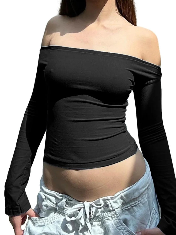 Amy Fashion - Sexy Aesthetic Club Slash NeckFairy Grunge Basic T-Shirts