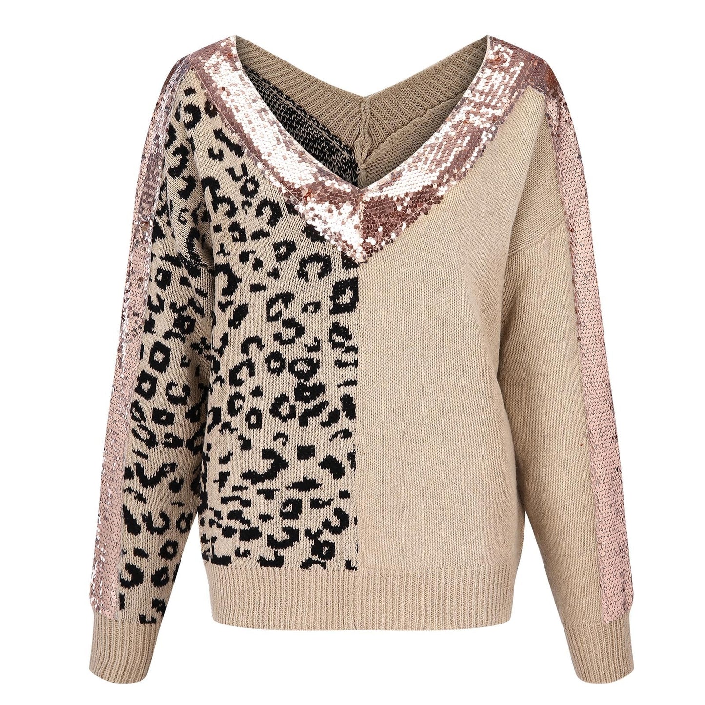 Loose Soft Sequin Stitching Leopard Print Long Sleeve Pullover