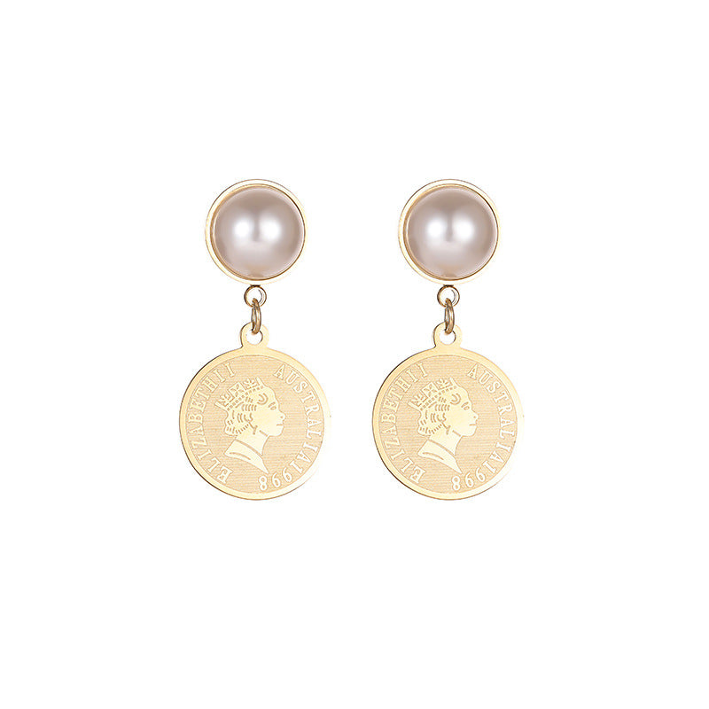 14K Gold Elegant Pearl Relief Portrait Coin Earrings